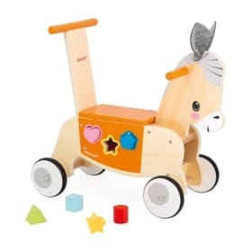 ride on donkey with shape sorter cut outs and wooden shapes