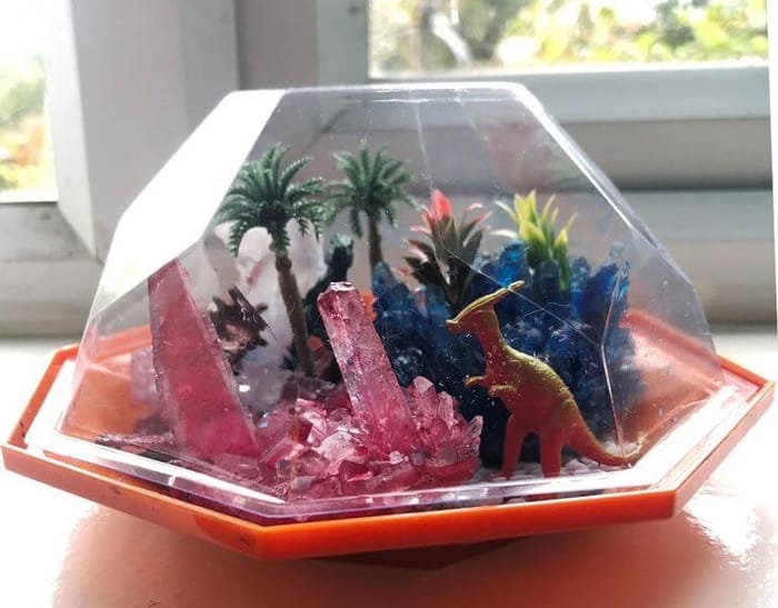 Crystal growing dinosaur terrarium